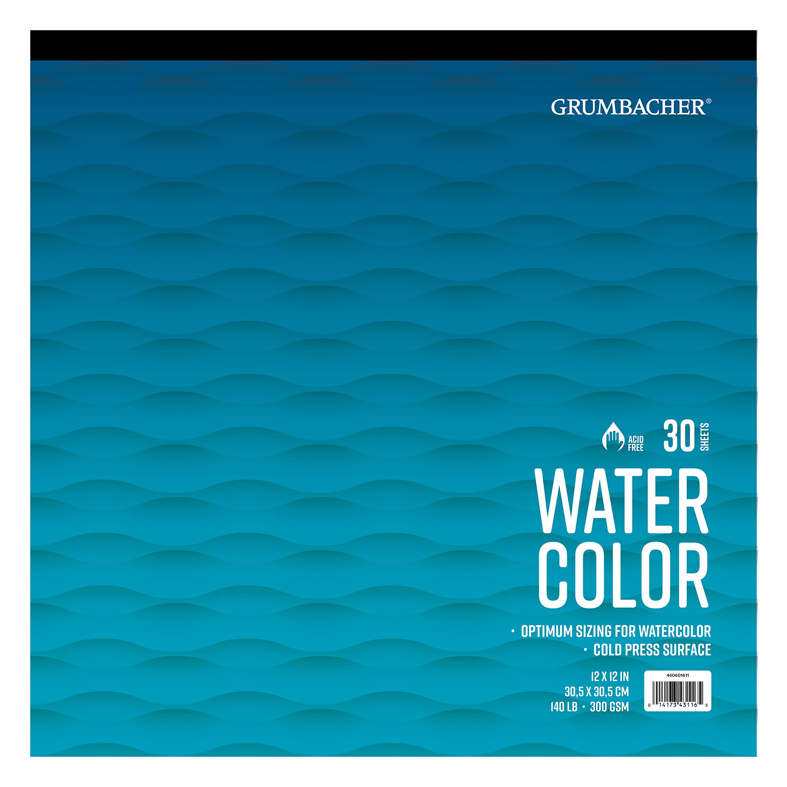Grumbacher 12" x 12" Cold Press Watercolor Paper Pad, 140 lb. / 300 GSM, Tape-Bound, 30 Sheets/Pad, 1 Each