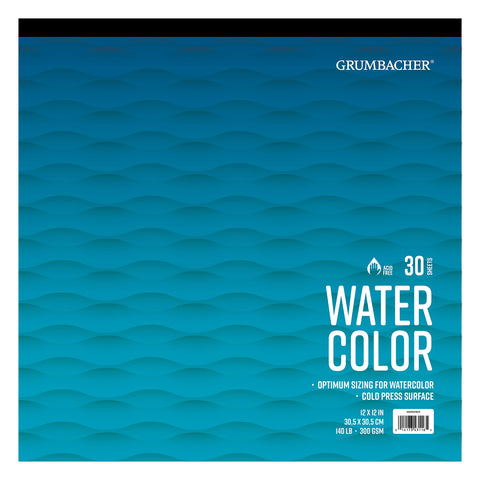 Grumbacher 12" x 12" Cold Press Watercolor Paper Pad, 140 lb. / 300 GSM, Tape-Bound, 30 Sheets/Pad, 1 Each