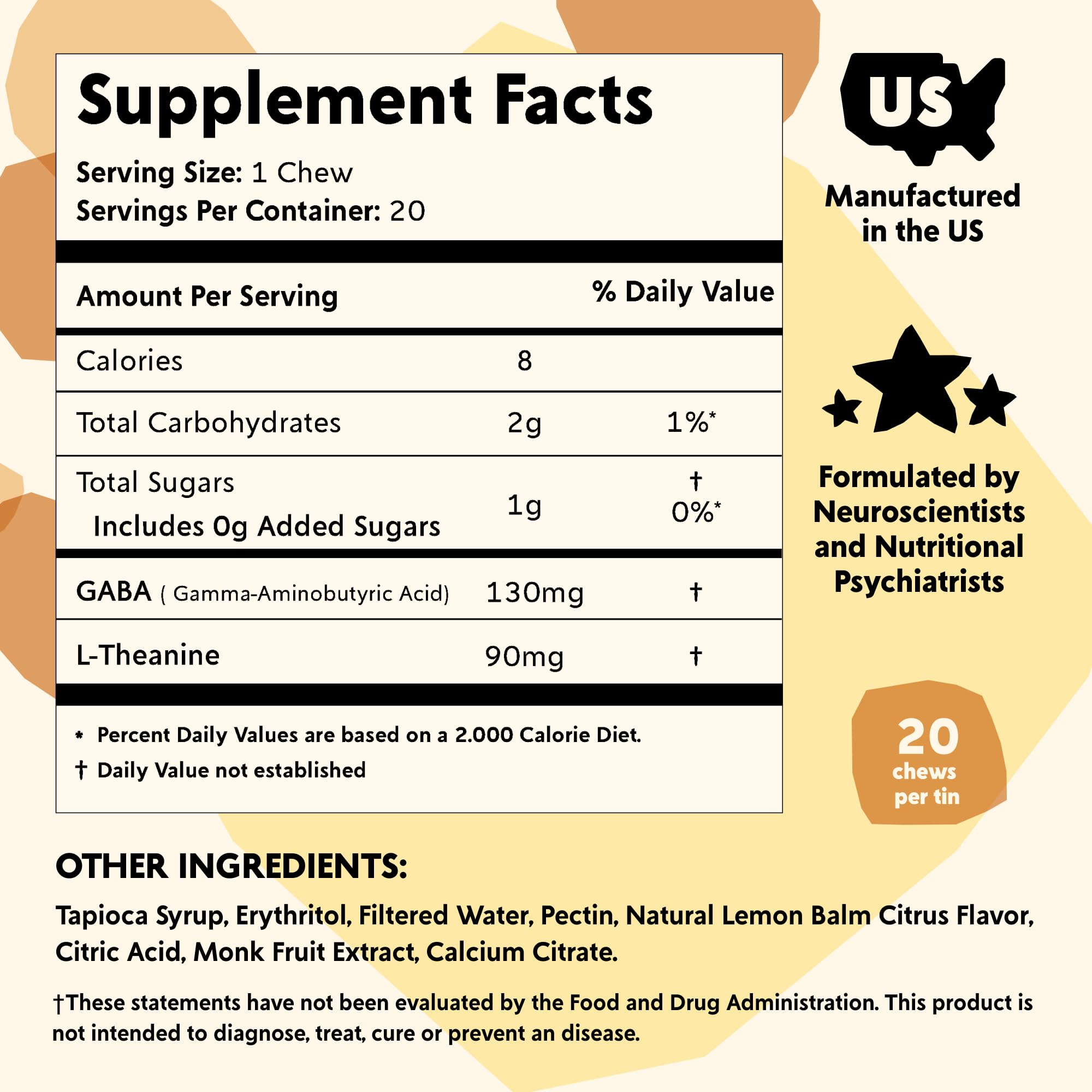 PYM Citrus Mood Chews Support for Stress, Worry & Overwhelm, 20 Count | 130mg GABA, 90mg L-Theanine | Vegan, Non-GMO, Gluten-Free, No Added Sugar | All-Natural Mood Support Supplement Made in USA