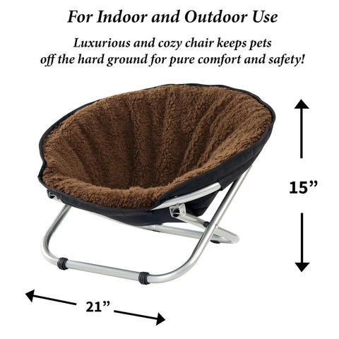 Etna Folding Pet Cozy Chair - Portable Round Fold Out Elevated Cat Bed - Brown Fleece Top Cushion - Papasan Chair for Small Dogs