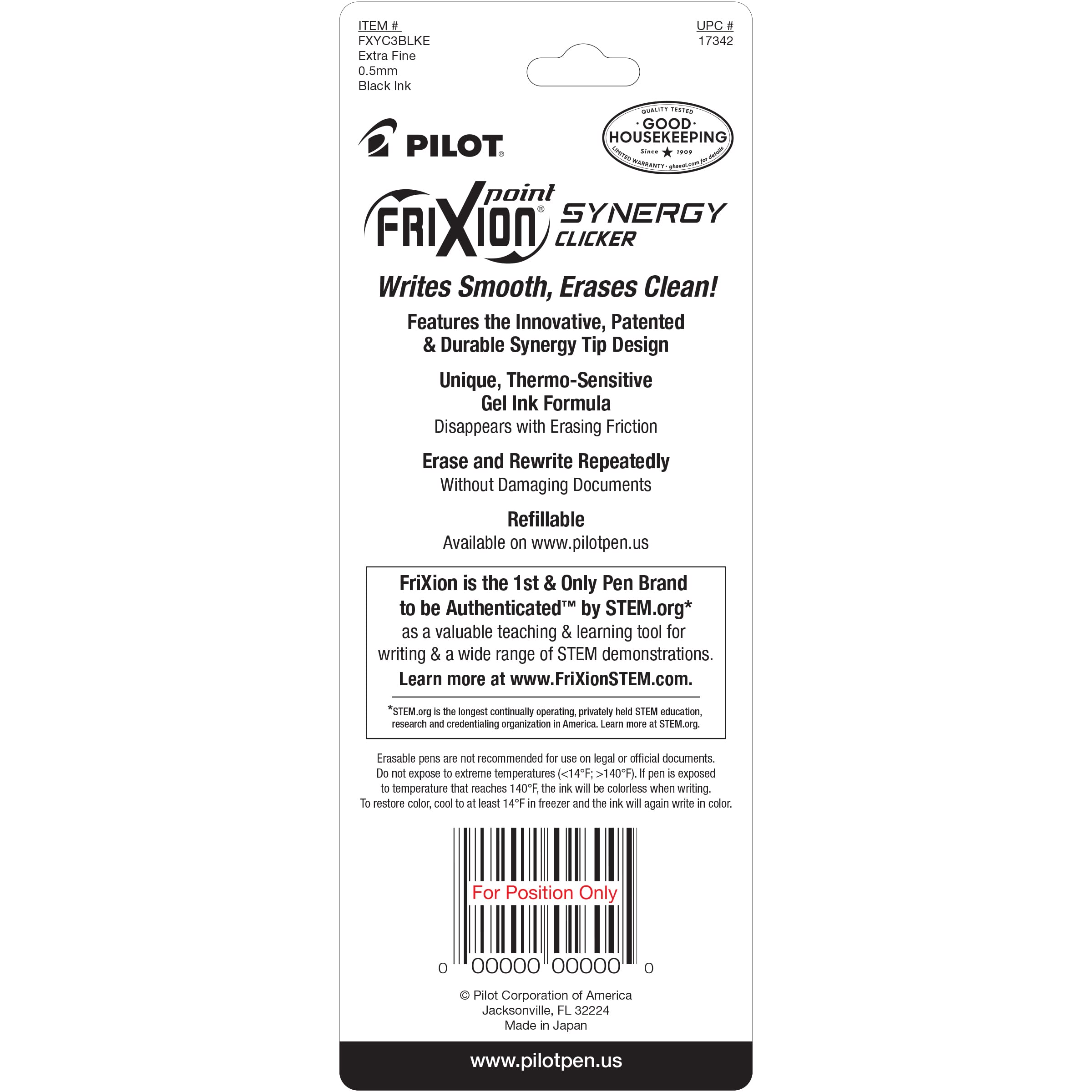 Pilot, FriXion Synergy Clicker Erasable, Refillable, Retractable Gel Ink Pens, Extra Fine Point 0.5 mm, Pack of 3, Black