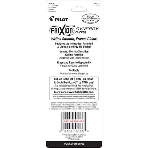 Pilot, FriXion Synergy Clicker Erasable, Refillable, Retractable Gel Ink Pens, Extra Fine Point 0.5 mm, Pack of 3, Black