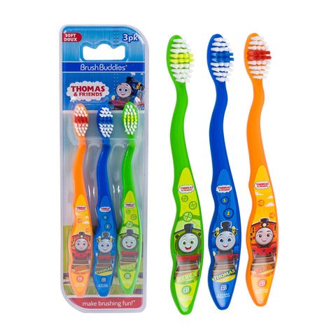 Brush Buddies Thomas & Friends Kids Toothbrush 3 Pack Soft Bristle Toddler Toothbrushes Small Head Easy Grip Handles Fun Train Designs Gentle Oral Care for Children Ages 2+