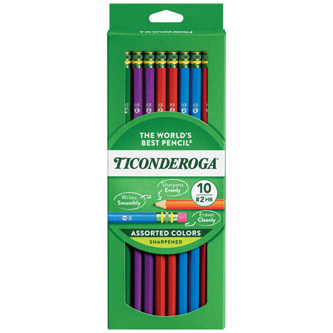 TICONDEROGA Pencils, Wood-Cased Graphite, #2 HB Soft, Pre-Sharpened, Assorted Color Barrels, Black Lead, 10-Pack (13932)