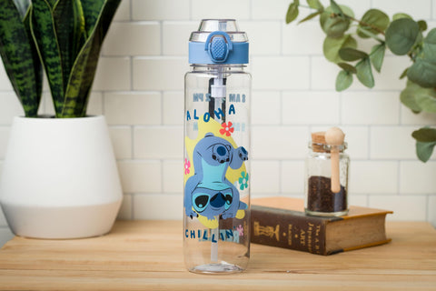 Silver Buffalo Disney Lilo and Stitch Aloha Chillin' Hydration Tracker Schedule Plastic Water Bottle with Locking Lid and Strap, 33 Ounces