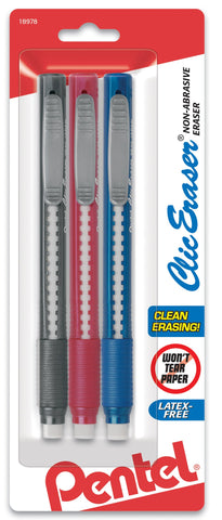 Pentel Clic Retractable Eraser with Grip, Assorted Barrel Colors (ZE21BP3M) (Pack of 3)