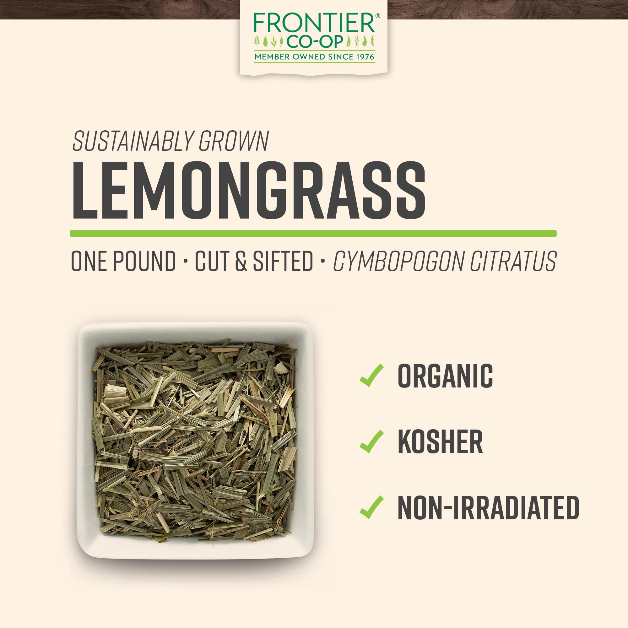 Frontier Co-op Organic Dried Lemongrass, Cut and Sifted, Bulk Bag - 100% Pure, Natural Lemon Grass for Tea, Seasoning | 16 Ounce (Pack of 1)
