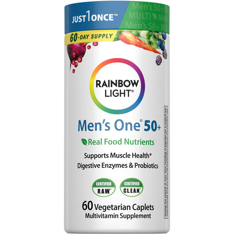 Rainbow Light Mens Multivitamin One + for 50 Plus | 60 Caplets | Supports Muscle Health | with Vitamins C, D, and Zinc | Real Food Nutrients, Digestive Enzymes & Probiotics
