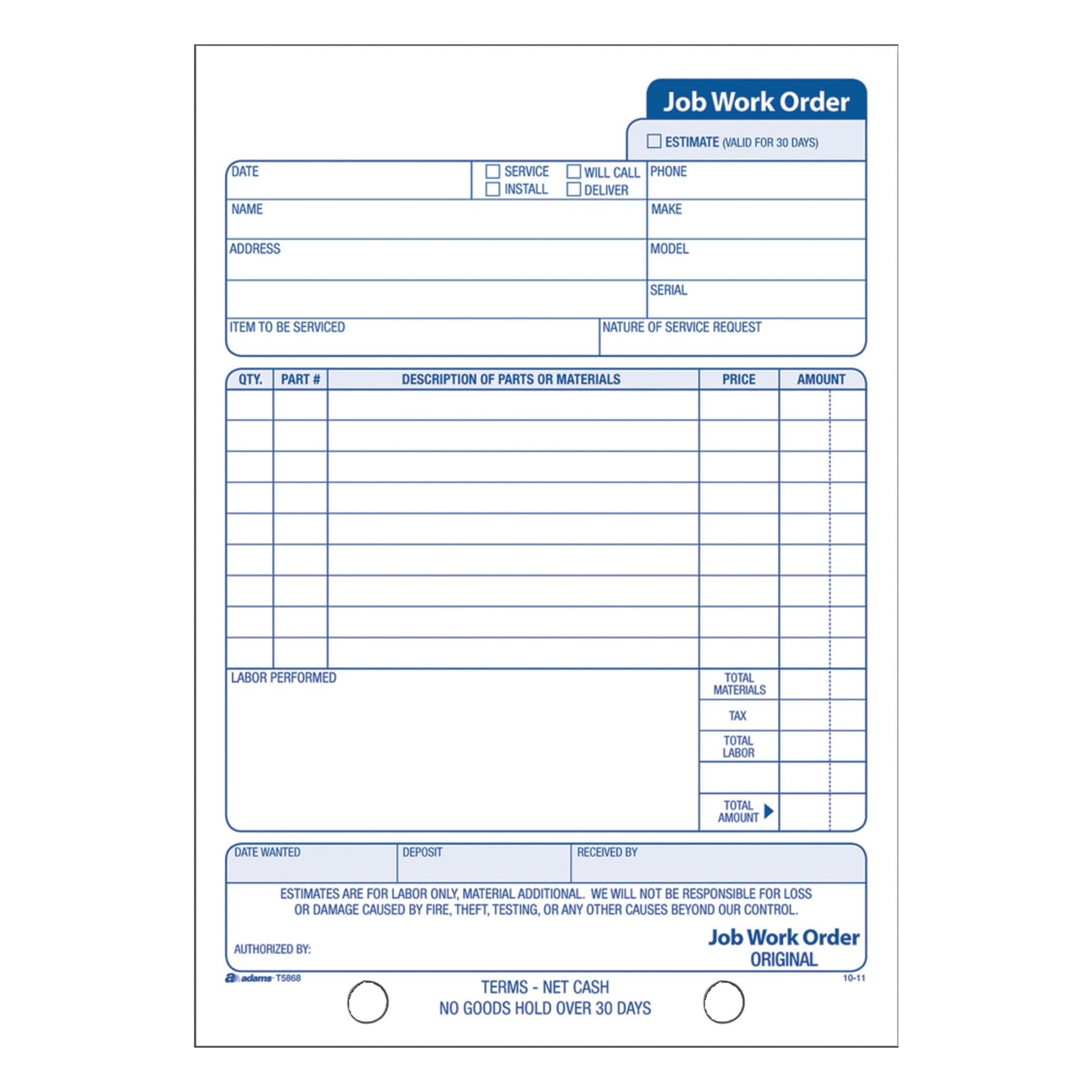 Adams® Carbonless Job Work Order Book, 5 9/16" x 8 7/16", 3-Part, White/Canary/White Tag