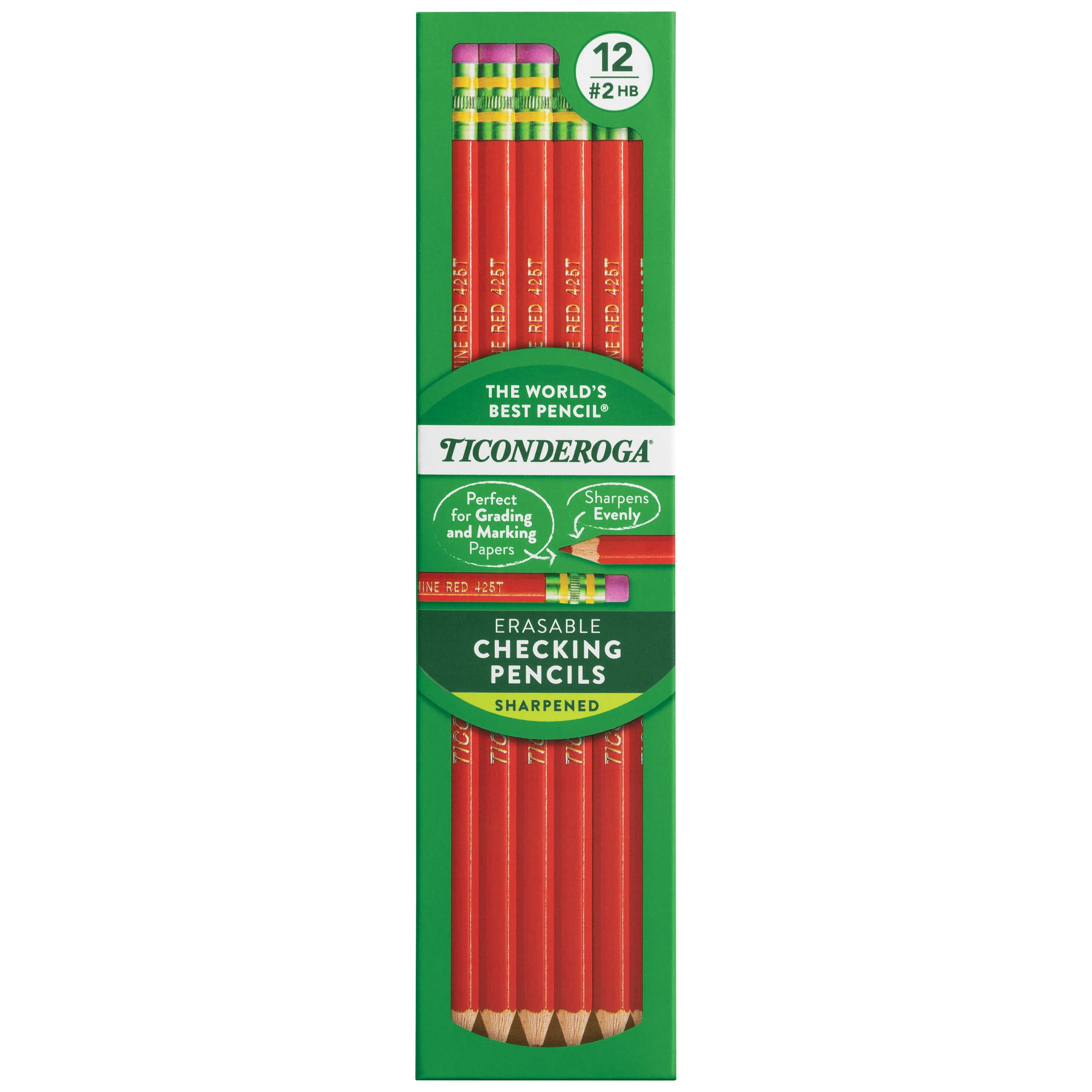 Ticonderoga Erasable Checking Wood-Cased Pencils, Pre-Sharpened, Red, 12 Count