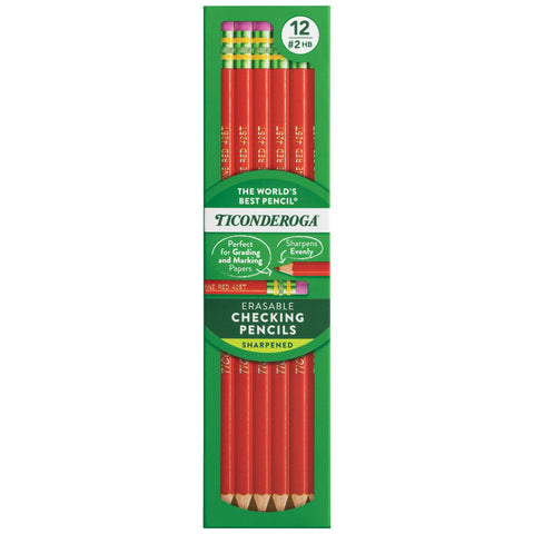 Ticonderoga Erasable Checking Wood-Cased Pencils, Pre-Sharpened, Red, 12 Count