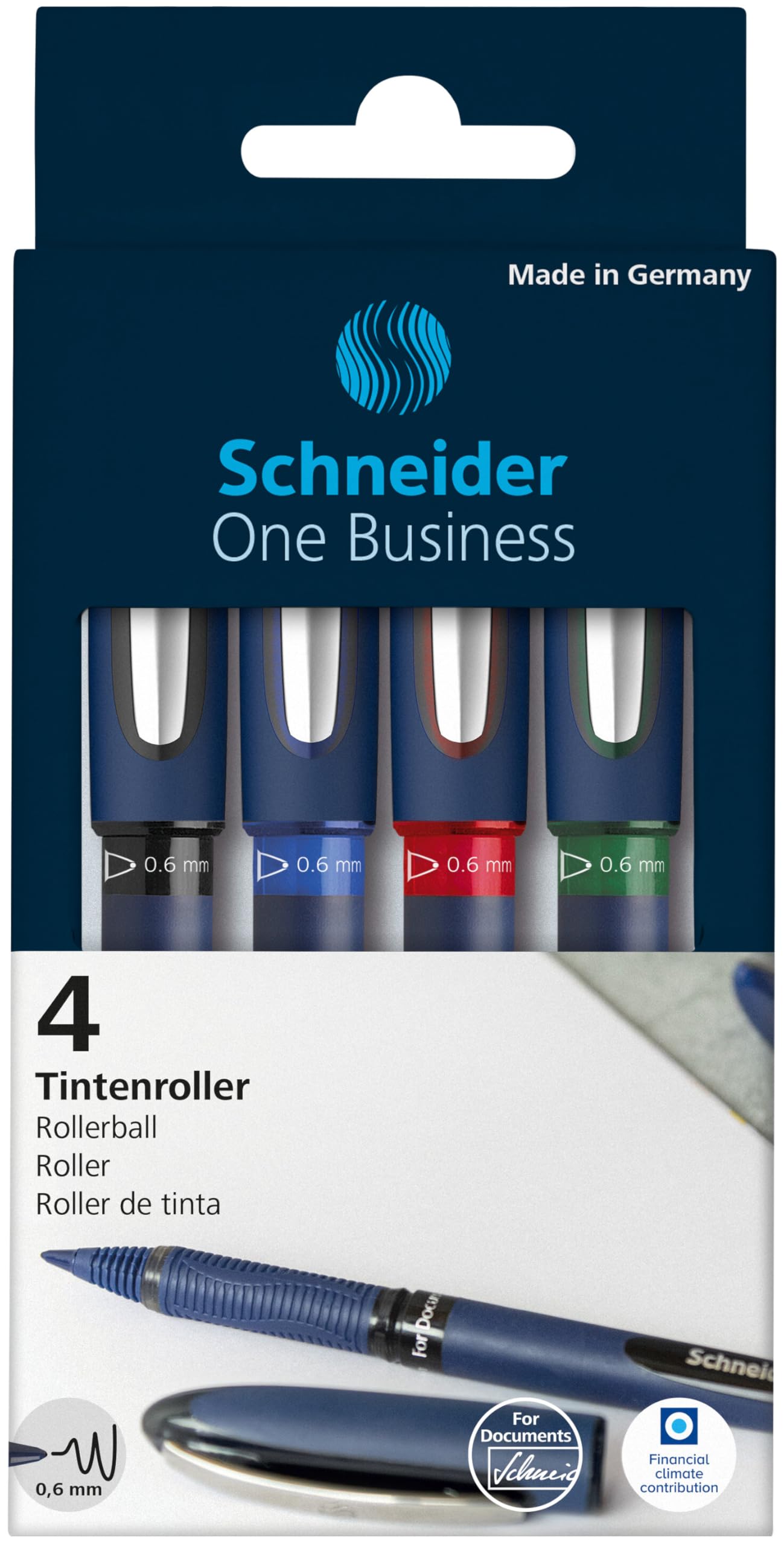 Schneider One Business Rollerball Pen, 0.6 mm Ultra-Smooth Tip, Blue Barrel, Four-Pack, One Each of: Black, Red, Blue, Green (183094)