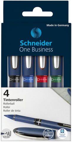 Schneider One Business Rollerball Pen, 0.6 mm Ultra-Smooth Tip, Blue Barrel, Four-Pack, One Each of: Black, Red, Blue, Green (183094)