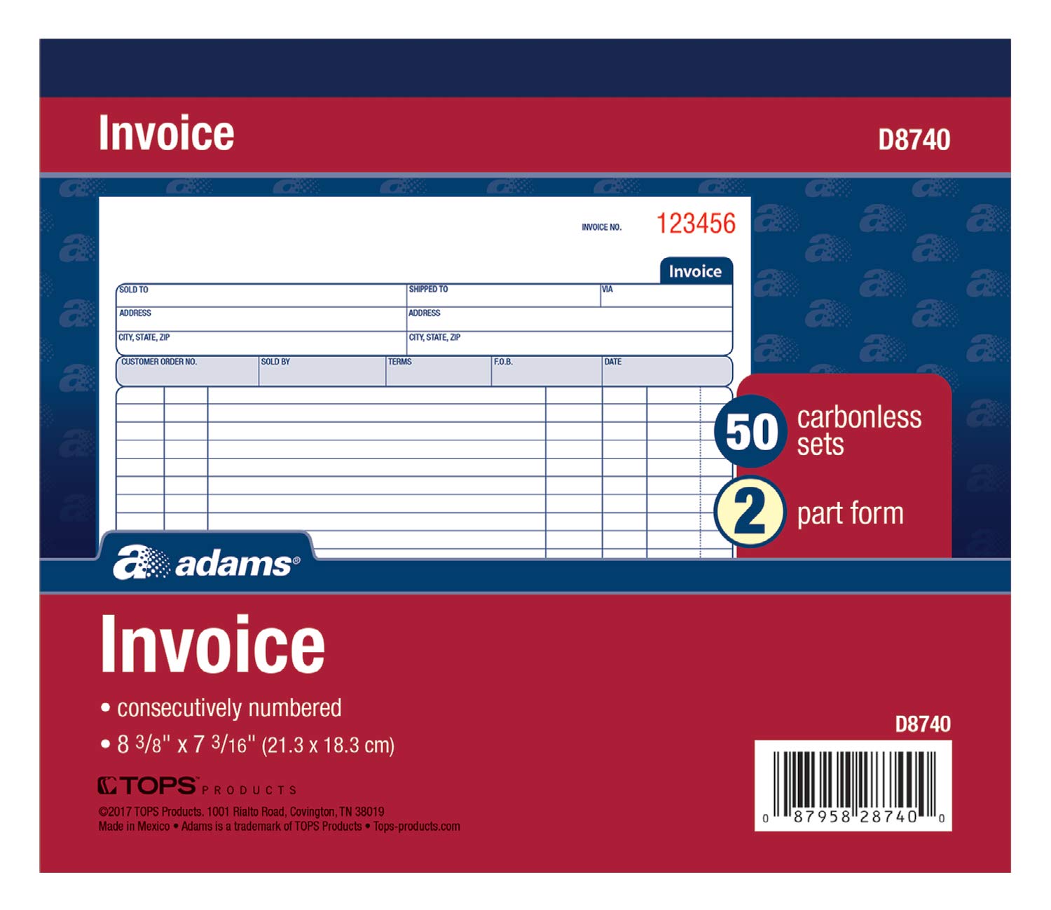 Adams Invoice Book, 2 Part, Carbonless, 8.38 x 7.19 Inches, 50 Sets per Book, White and Canary (D8740)