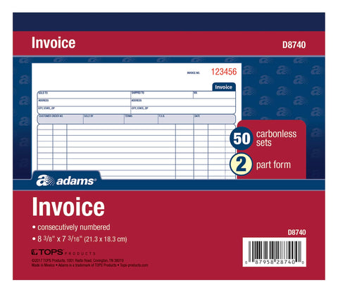 Adams Invoice Book, 2 Part, Carbonless, 8.38 x 7.19 Inches, 50 Sets per Book, White and Canary (D8740)