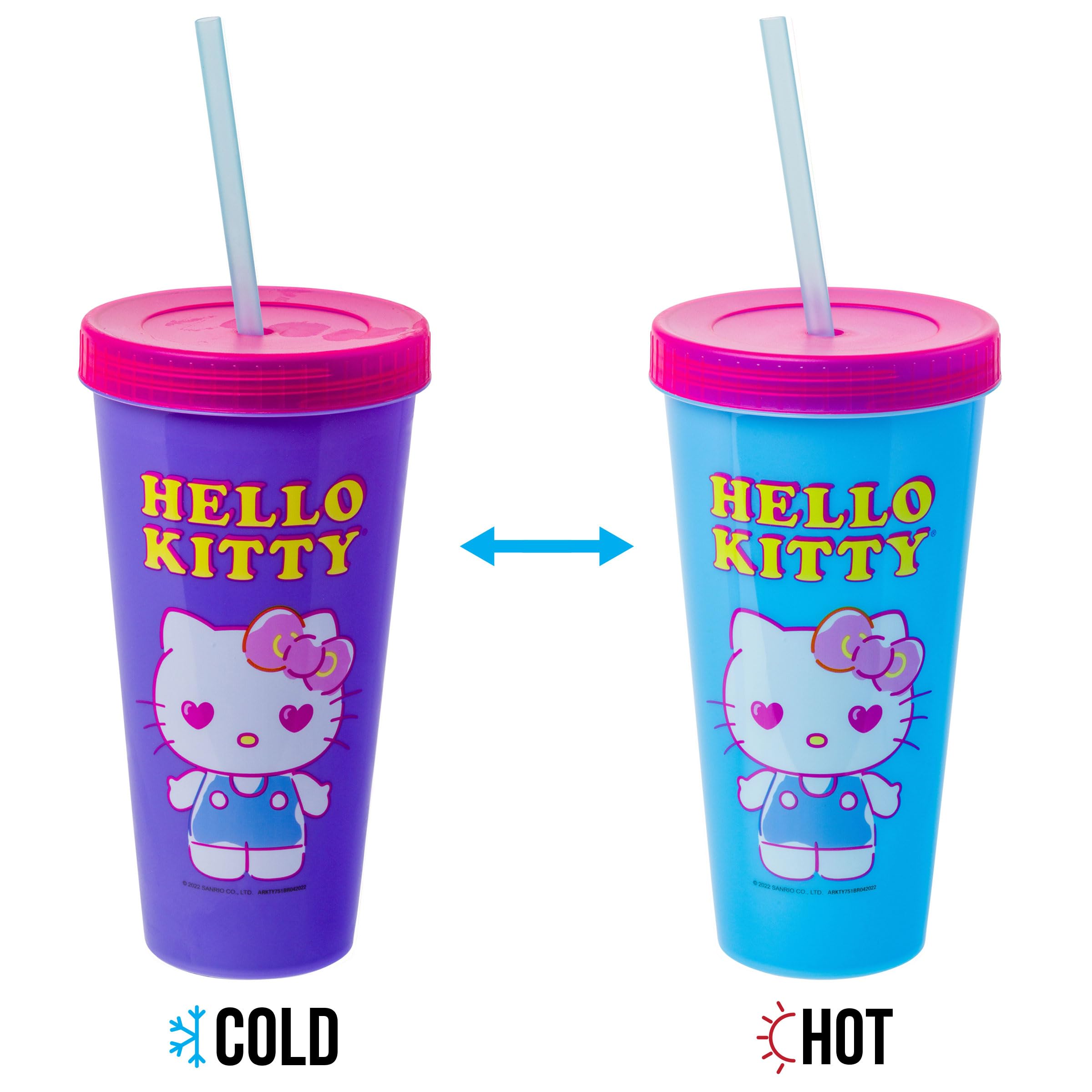 Silver Buffalo Sanrio Hello Kitty Summertime Gardening 4-Pack Color Changing Plastic Tumblers Includes Lid and Straw, 24 Ounces