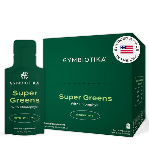 CYMBIOTIKA Super Greens Supplement with Chlorophyll, Spirulina, Daily Vegan Superfood Packets for Digestive Gut Health, Detox, Energy and Immune Support, Citrus Lime Flavor, 15 mL Pouches, 30 Pack