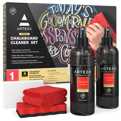 Arteza Chalkboard Cleaner Set with 2 Cleaners, 10-Ounces Each, 1 Microfiber Fabric Towel, 2 Magic Sponges & 1 Magnetic Eraser, Office Supplies for Chalkboards, Blackboards & Glass Surfaces