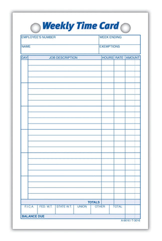 Adams Weekly Time Cards, 1-Sided, 4.25 x 6.75 Inches, White Index Bristol Paper, 100 Cards Per Pack (9616ABF)
