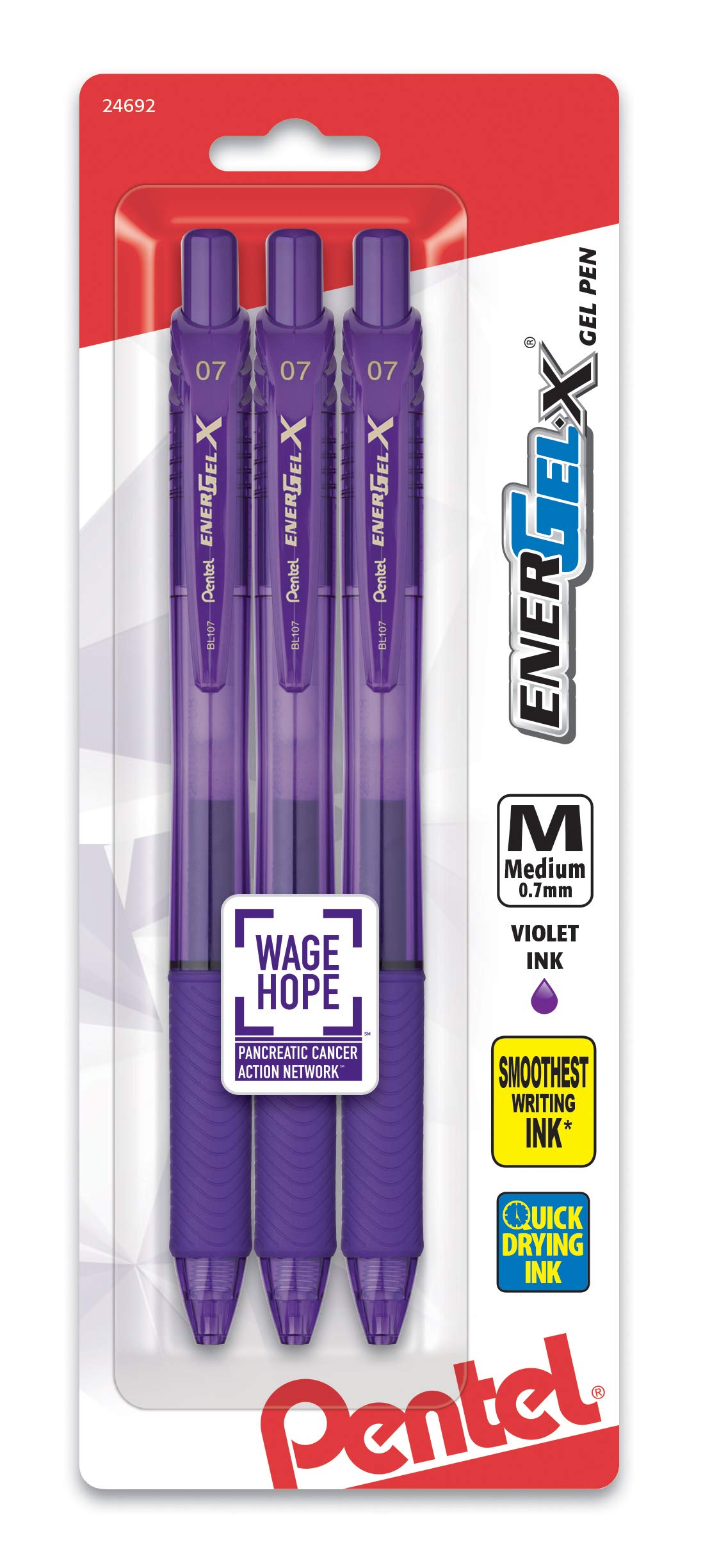 Pentel EnerGel-X Retractable Liquid Gel Pen, 0.7mm, Medium Line, Metal Tip, Violet, 3 Pack (BL107BP3V)