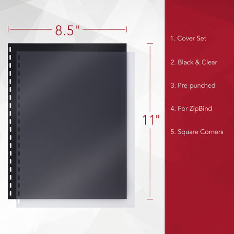 GBC ZipBind Pre-Punched Cover Set, Clear/Black, 10-Pack (26003)