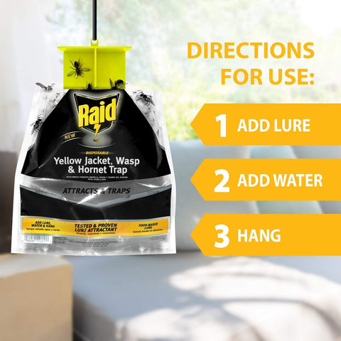 Raid Yellow Jacket, Wasp & Hornet Trap, 3 Pack, Disposable, Convenient, Hanging Fly Trap Bags with Food-Based Lure, No-Spray Outdoor Fly Traps Suitable Defense for Yards, Patios & Campsites