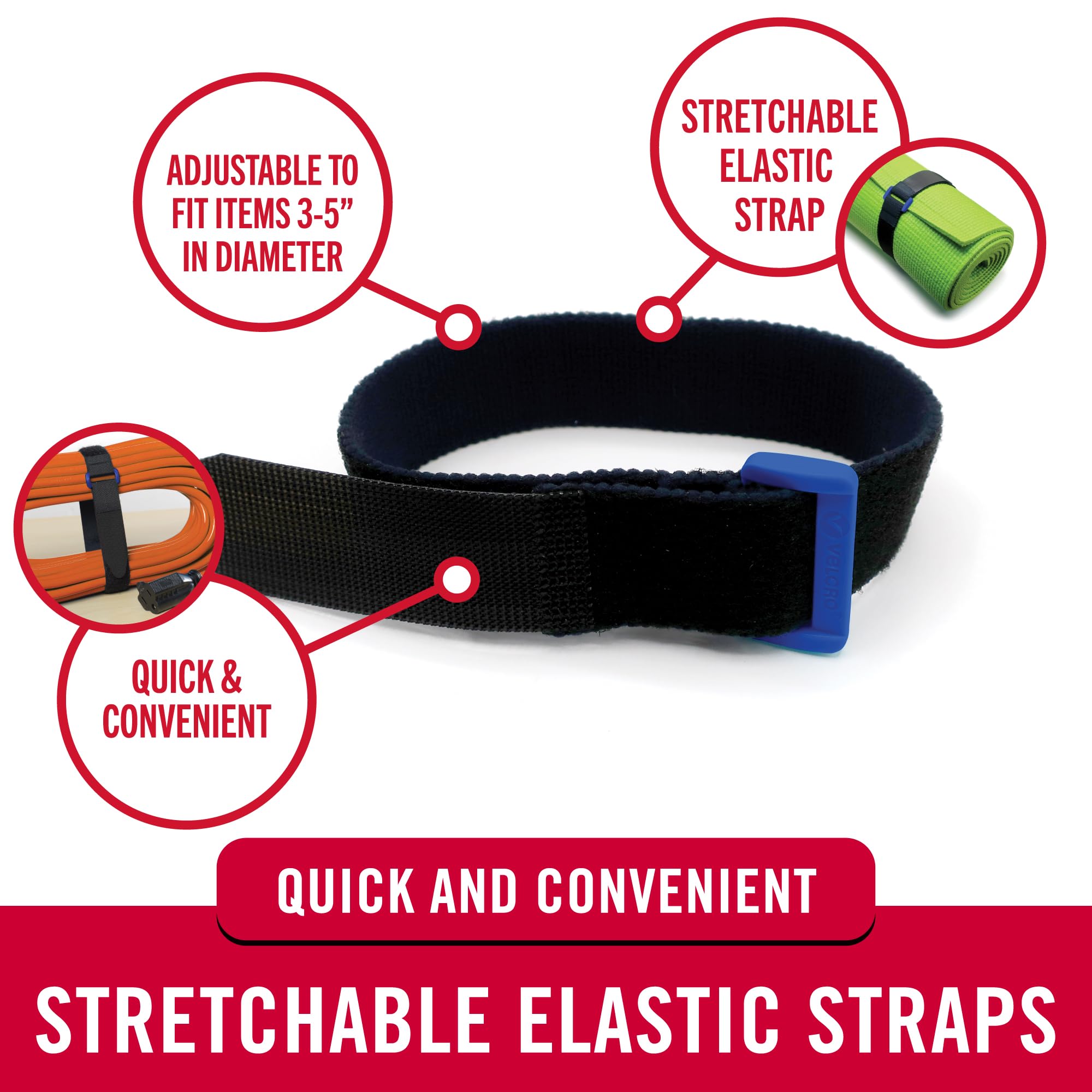 VELCRO Brand Elastic Cinch Straps with Buckle | 15in x 1in, 2 Count | Adjustable and Stretch for Snug Fit | for Fastening Power Cords Organizing Camping Equipment, More | Black (VEL-30094-USA)