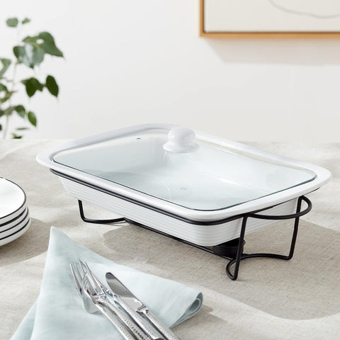 Le Regalo Stoneware 3-Piece Baking Dish, Glass Lid and Metal Stand, Bake and Server Food Warmer Set, Oven, Dishwasher and Freezer