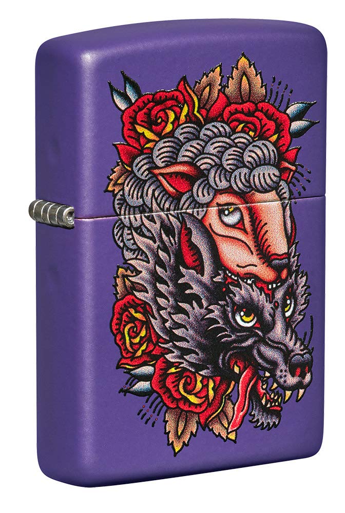 Zippo Wolf in Sheeps Clothing Tattoo Design Purple Matte Pocket Lighter