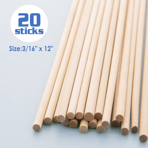 BAZIC Wooden Dowel Rods Wood Sticks, 3/16" x 12" Round Natural Color Hardwood Stick, Unfinished Wood for Crafts Lollipops Cake Support (20/Pack), 1-Pack