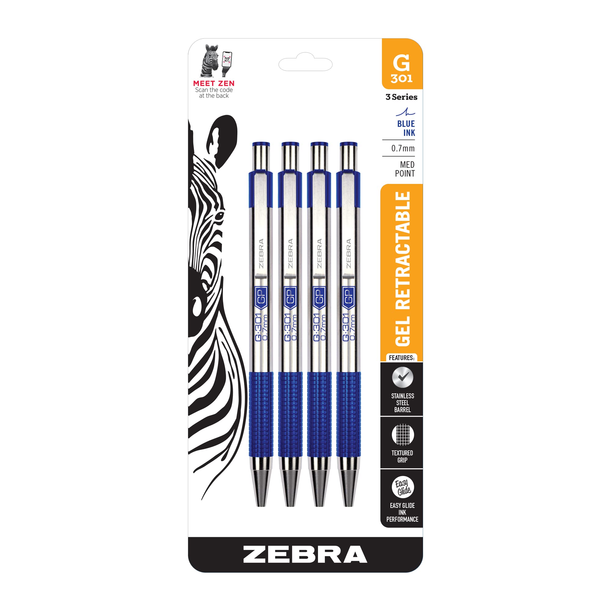 Zebra Pen G-301 Retractable Gel Pen, 0.7mm Medium Point, Stainless Steel Barrel, Textured Grip, Easy Glide Ink Provides a Smooth and Skipless Writing Experience, Blue Ink, 4-Pack (41324)