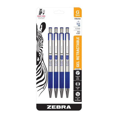 Zebra Pen G-301 Retractable Gel Pen, 0.7mm Medium Point, Stainless Steel Barrel, Textured Grip, Easy Glide Ink Provides a Smooth and Skipless Writing Experience, Blue Ink, 4-Pack (41324)