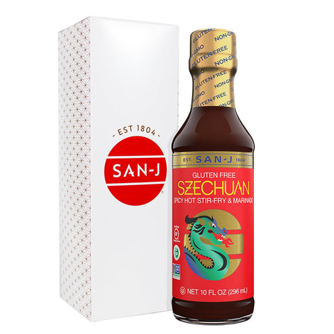 San-J Gluten Free Szechuan Cooking Sauce - Szechuan Sauce, Szechuan Dipping Sauce, Hot & Spicy Marinade & Stir Fry Sauce, Kosher, Non-GMO, No Artificial Preservatives - 10 Fl Oz