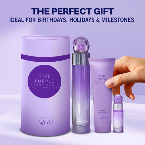 Perry Ellis 360° Purple Gift Set - Perfume Gift Sets for Women, EDT, Luxury Women's Self Care Kit with Mini Fragrance for Travel - 3.4 fl oz Eau De Parfum, 3 oz shower gel, .25 fl oz Travel Spray