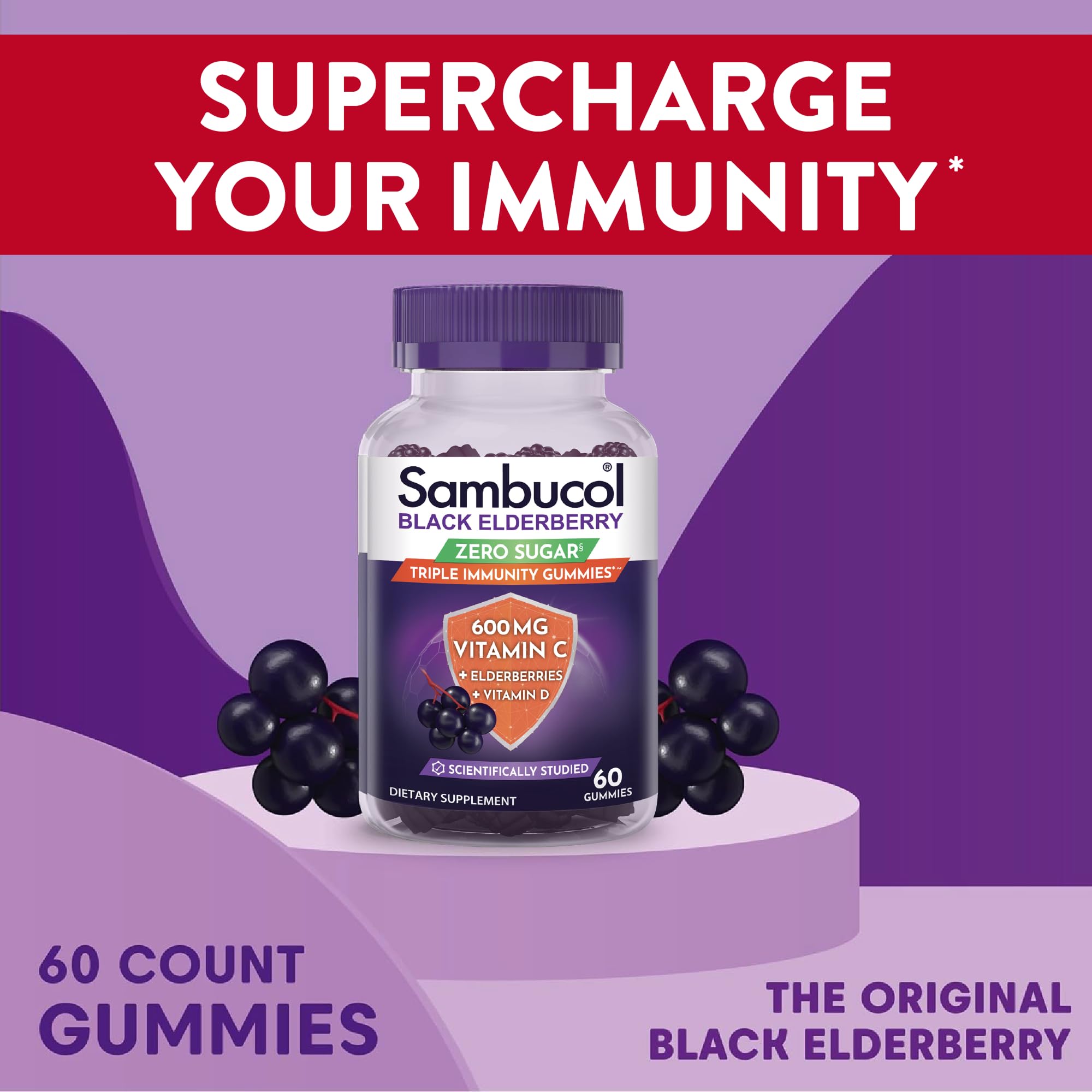 Sambucol Black Elderberry Zero Sugar Triple Immunity Gummies - Daily Vitamin C & Vitamin D, Sugar Free Black Elderberry Gummies for Adults and Kids, Chewable Berry Supplement - 60 Count