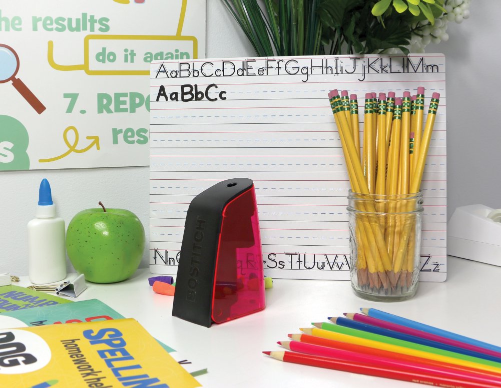 Bostitch Office Battery Powered Pencil Sharpener, Portable, Hinged Tray, Colored Pencil Compatible, Fits In Backpack & Most Pencil Cases, Red