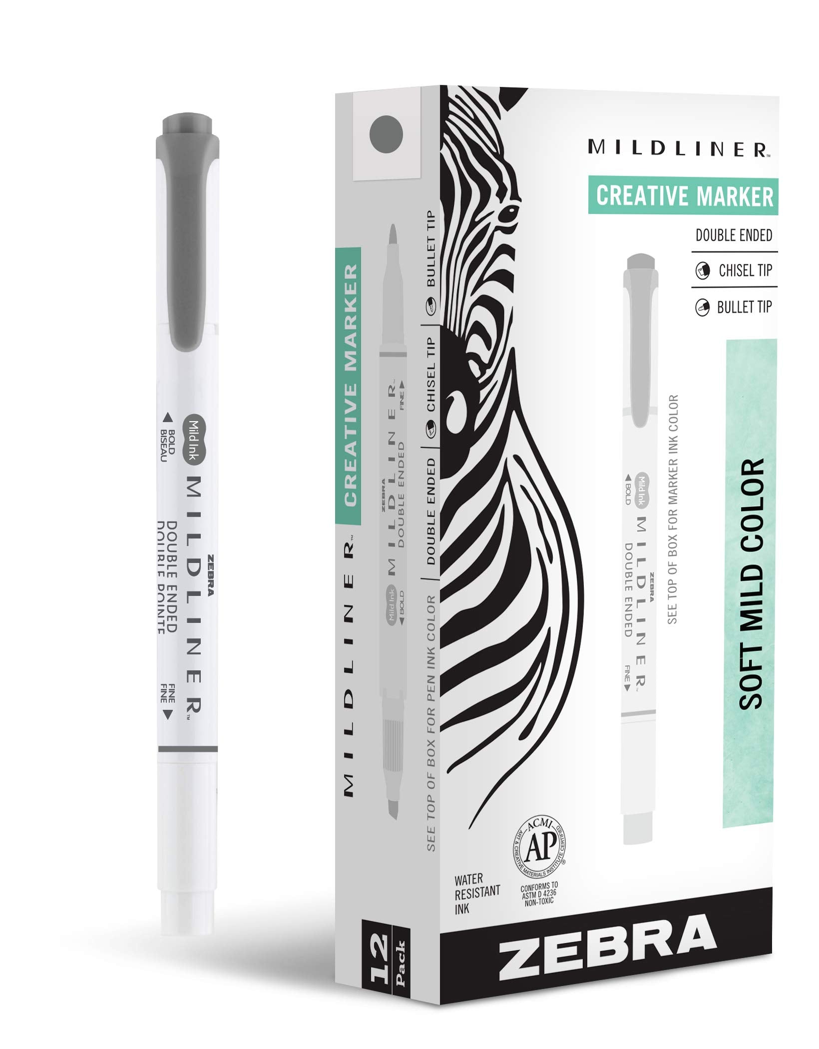 Zebra Pen Mildliner Dual-Tip Highlighters, Broad and Fine Tips, Ideal for Bible Highlighting, No Bleed, School Supplies, Teacher Supplies, and Office Supplies, Mild Dark Gray Ink, 12-Pack (78510upc)