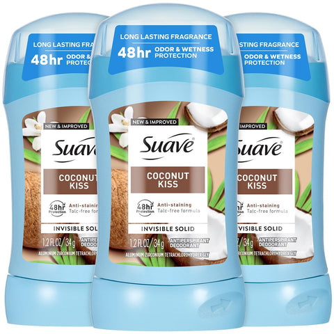 Suave Antiperspirant Deodorant for Women, Coconut Kiss 3-Pack – Anti-Staining Invisible Solid Sticks, Talc-Free, 1.2 Oz Ea