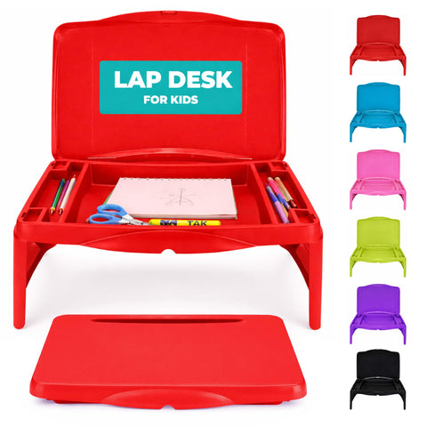 MAVOCRAFT Foldable Kids Lap Tray with Storage - Portable Lap Desk Kids & Adults - Kids Lap Desk for Breakfast in Bed, Serving Tray, Car Desk & Gaming (Red)