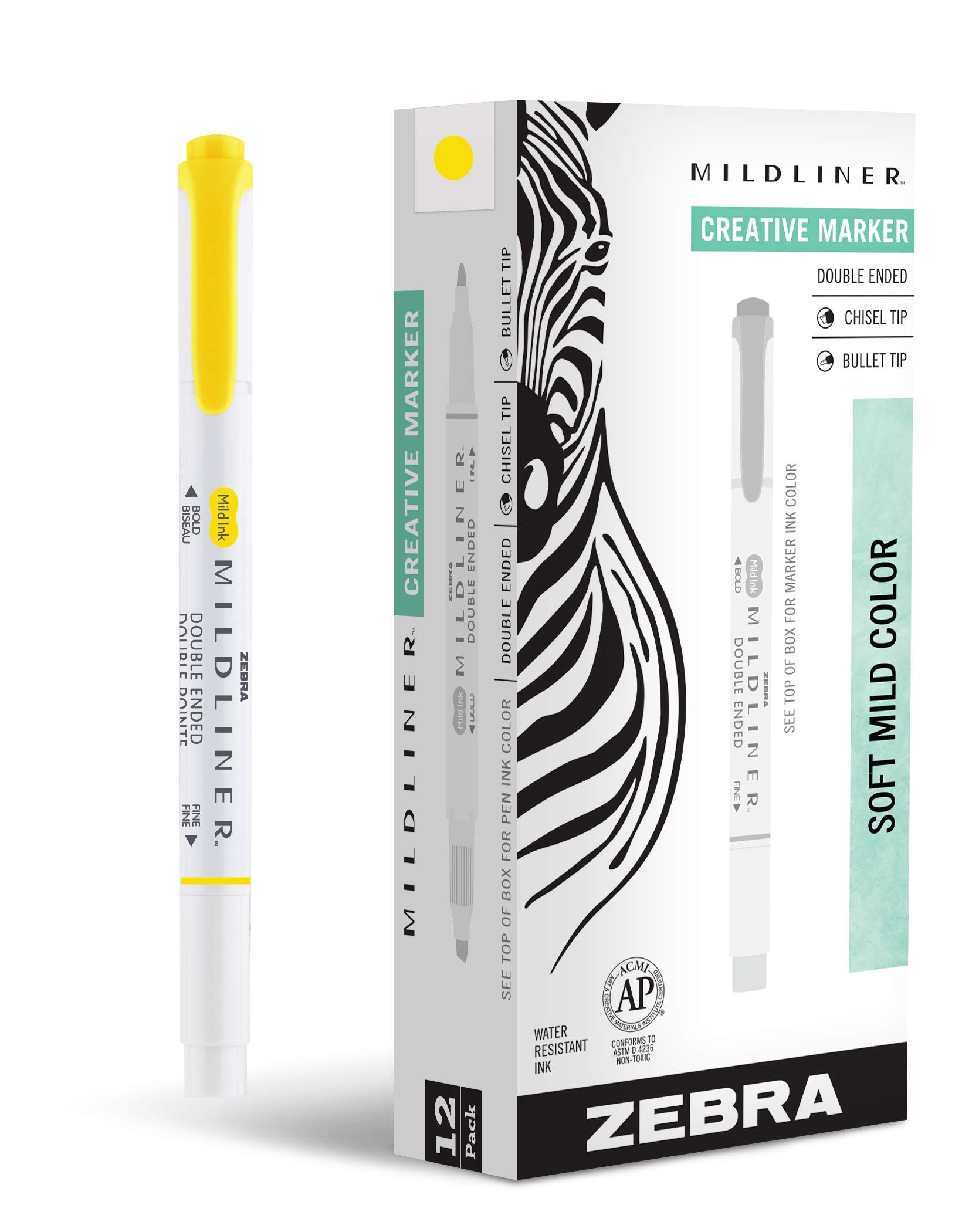 Zebra Pen Mildliner Dual-Tip Highlighters, Broad and Fine Tips, Ideal for Bible Highlighting, No Bleed, School Supplies, Teacher Supplies and Office Supplies, Mild Lemon Yellow Ink, 12-Pack (78550upc)
