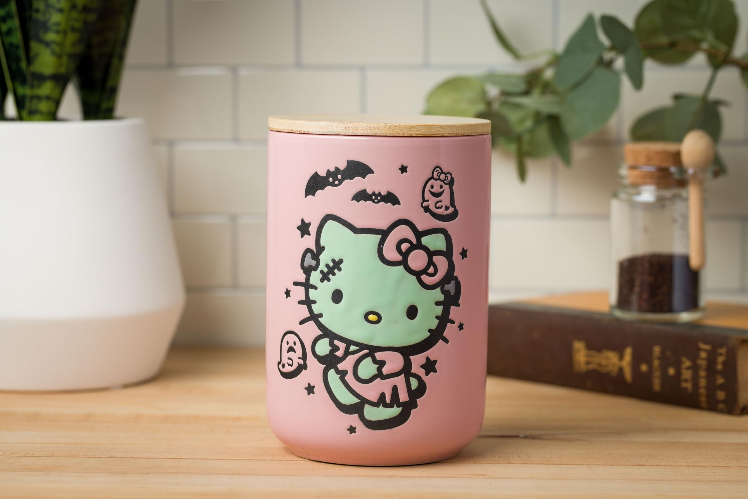 Silver Buffalo Sanrio Hello Kitty Halloween Spooky Frankenstein Frankenkitty Ceramic Cookie Snack Candy Jar with Airtight Bamboo Lid (Small)