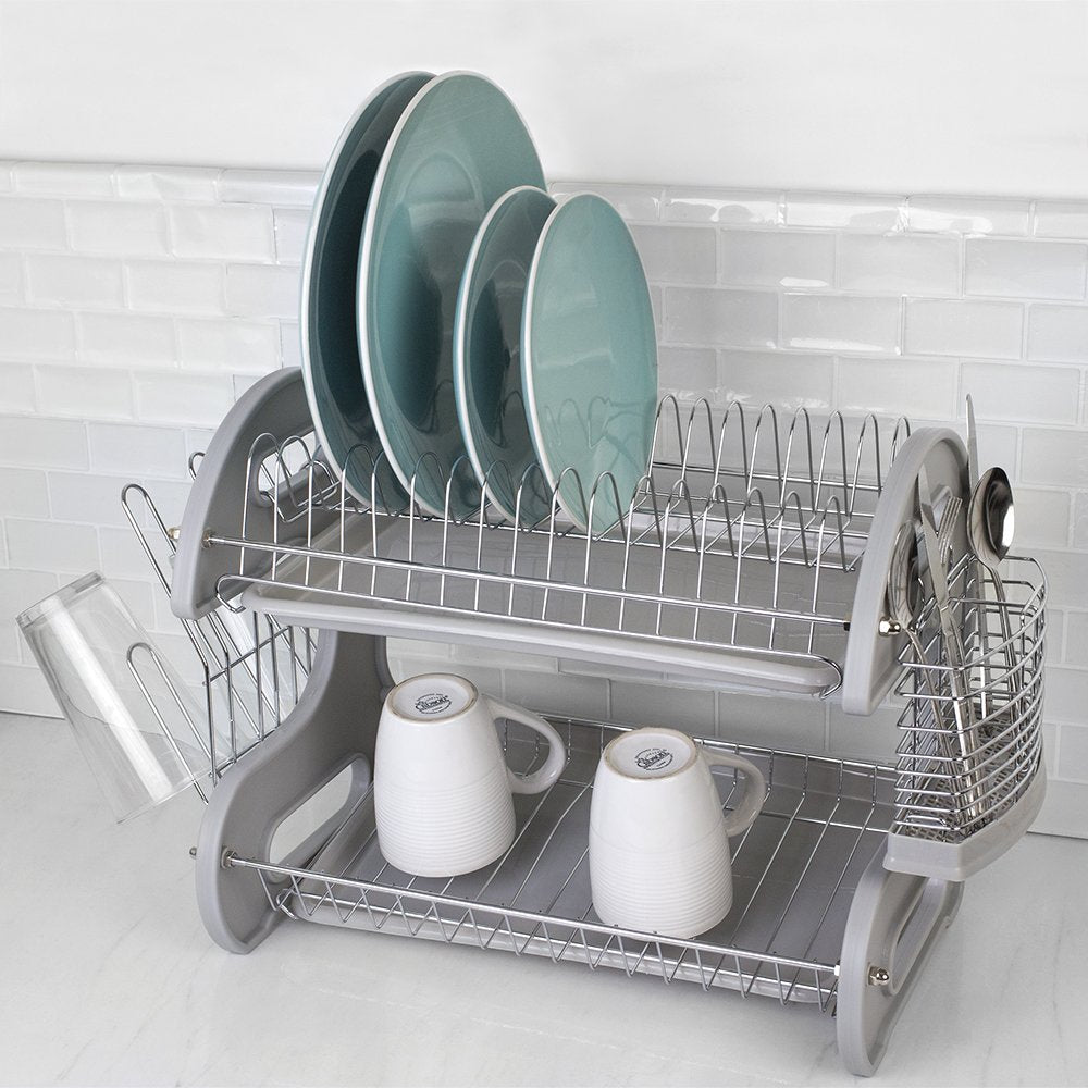 2 Tier Dish Drainer, by Home Basics (Grey) Dish Rack for Kitchen Counter, with Detachable Cutlery Holder and 6 Full Sized Glass or Cup Slots, Space-Saving Organizer