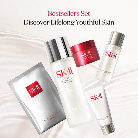 SK-II Bestsellers Skincare Gift Set - Anti Aging Skincare Set Includes Full Size Facial Essence, Travel Size Cleanser, Toner & Face Cream & 2 Sheet Masks (6 Count)