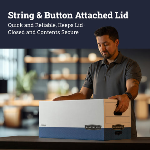 Bankers Box 12-Pack Heavy-Duty String & Button File Storage Box, FastFold Assembly, Letter, STOR/FILE, (00011)