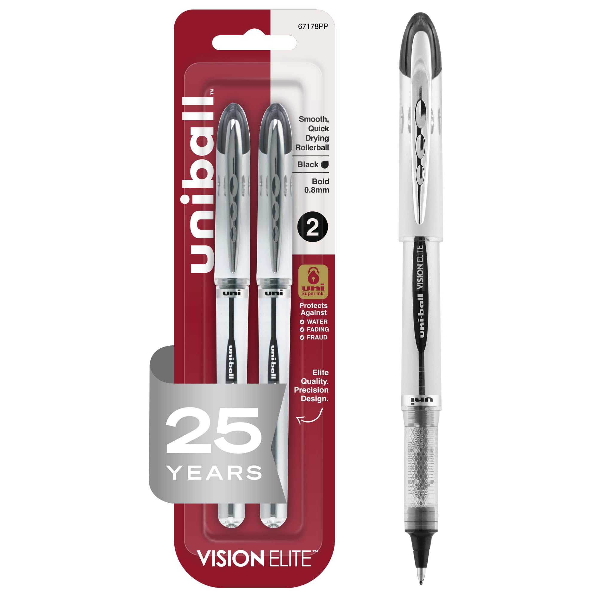 uniball Vision Elite Rollerball Pens, Bold Point (0.8mm), Black, 2 Pack