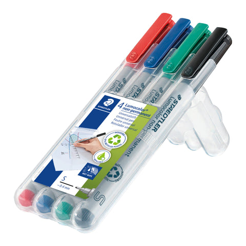 STAEDTLER Lumocolor Non-Permanent Universal Pen: Set of 4 Markers, Assorted Colors, Superfine Felt Tip 0.4mm - Multi Surface, Quick Dry & Water-Soluble Ink - For Home, School & Office