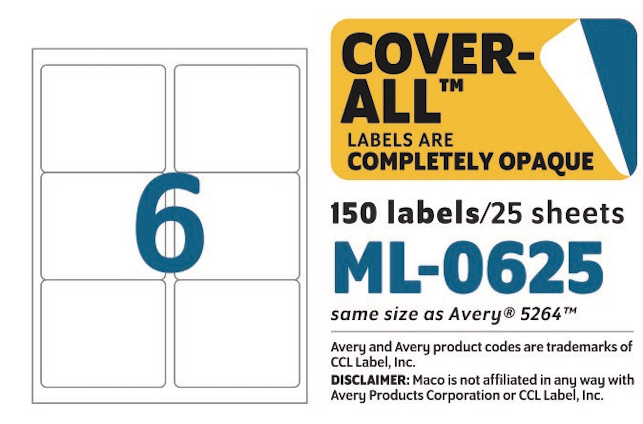 MACO Laser/Ink Jet White COVER-ALL Shipping Labels, 3-1/3" x 4", 6 per Sheet, 150 per Pack (ML-0625)