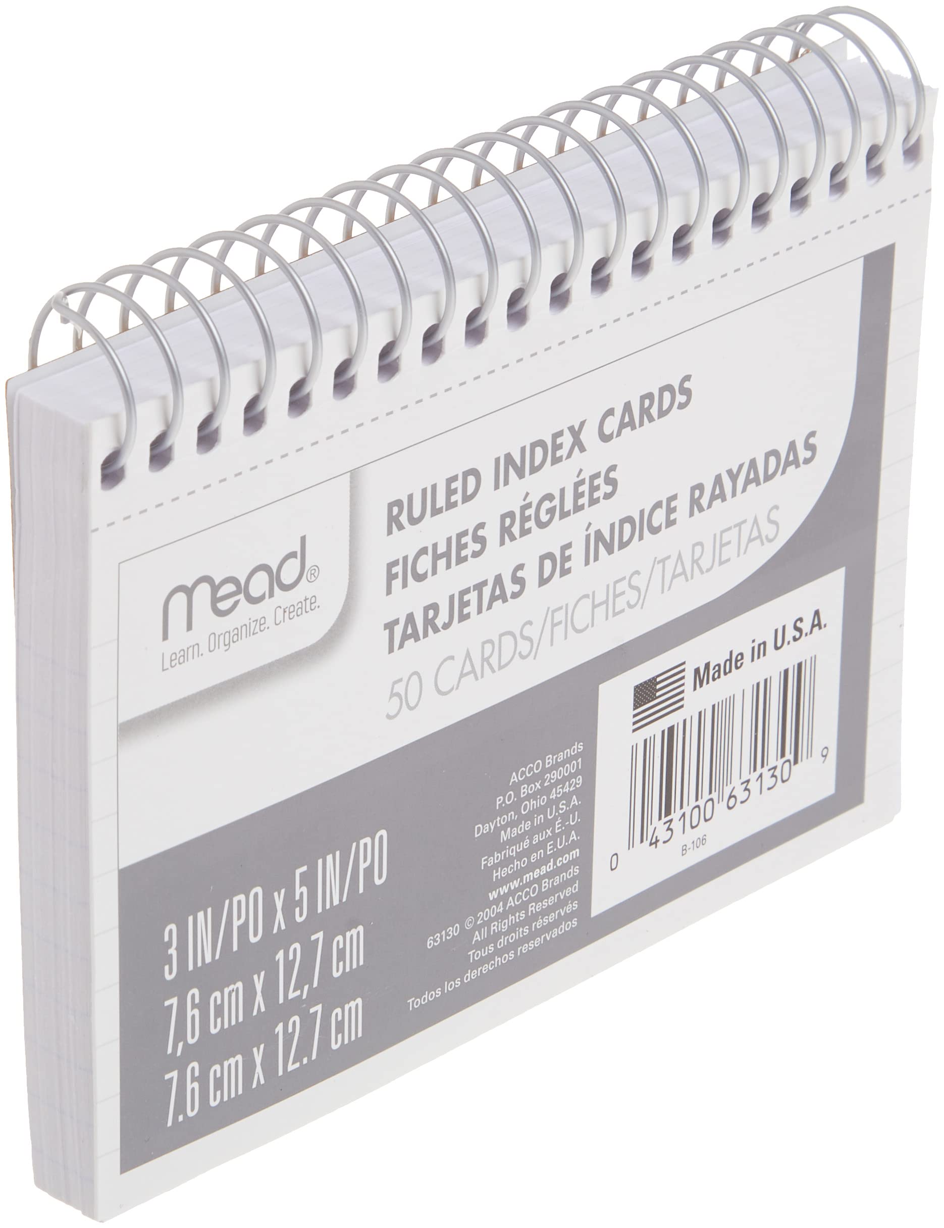Mead Index Cards, 3" x 5", Ruled Front, Blank Back, 50 Cards, White (63130)