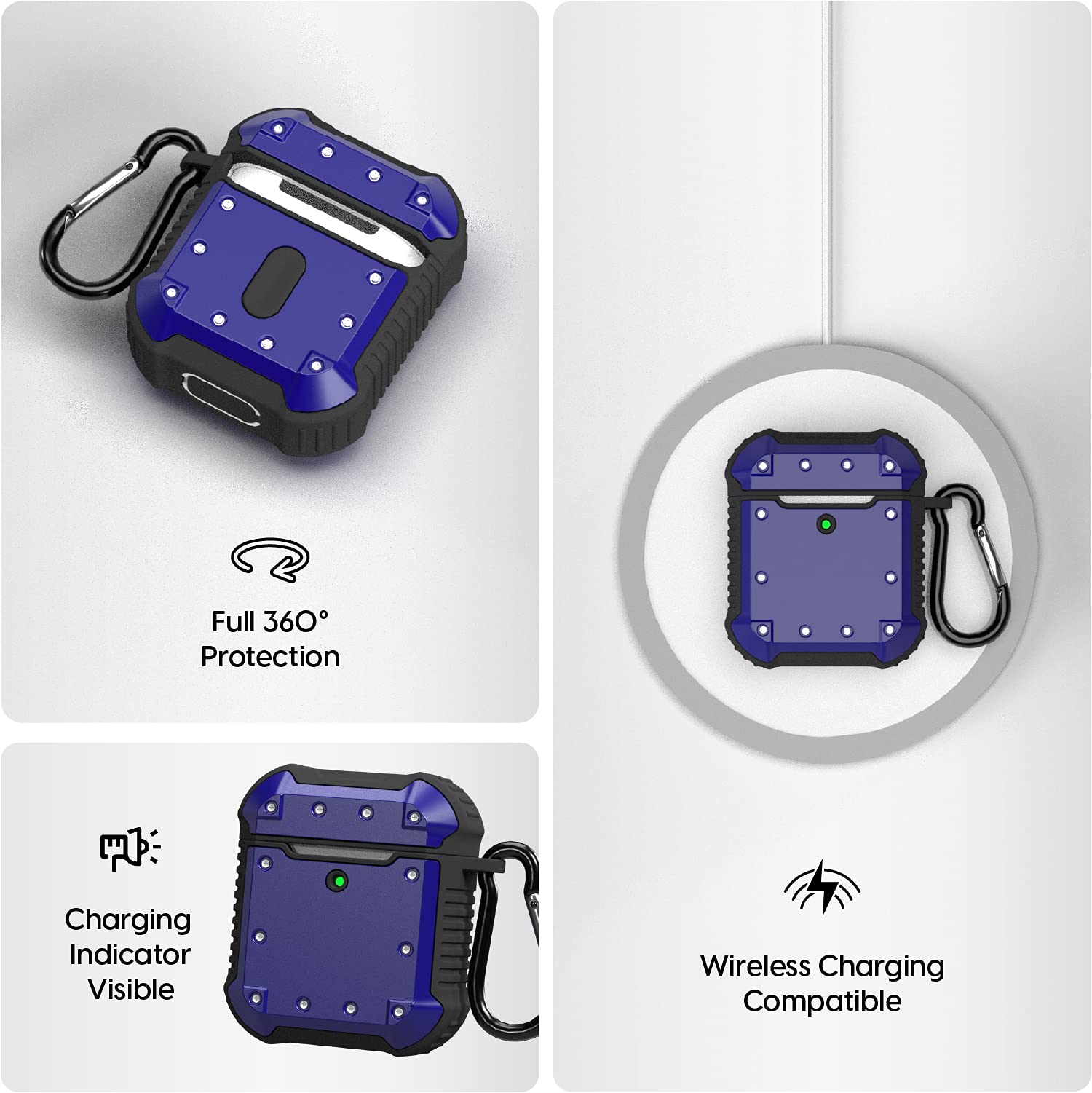TALK WORKS AirPods Case Cover with Keychain - Rugged Protective Hard Skin for AirPods Keychain Case Clip Carabiner Wireless Charging Compatible with Apple Air Pod Carrying Case Series 1 & 2 - Navy