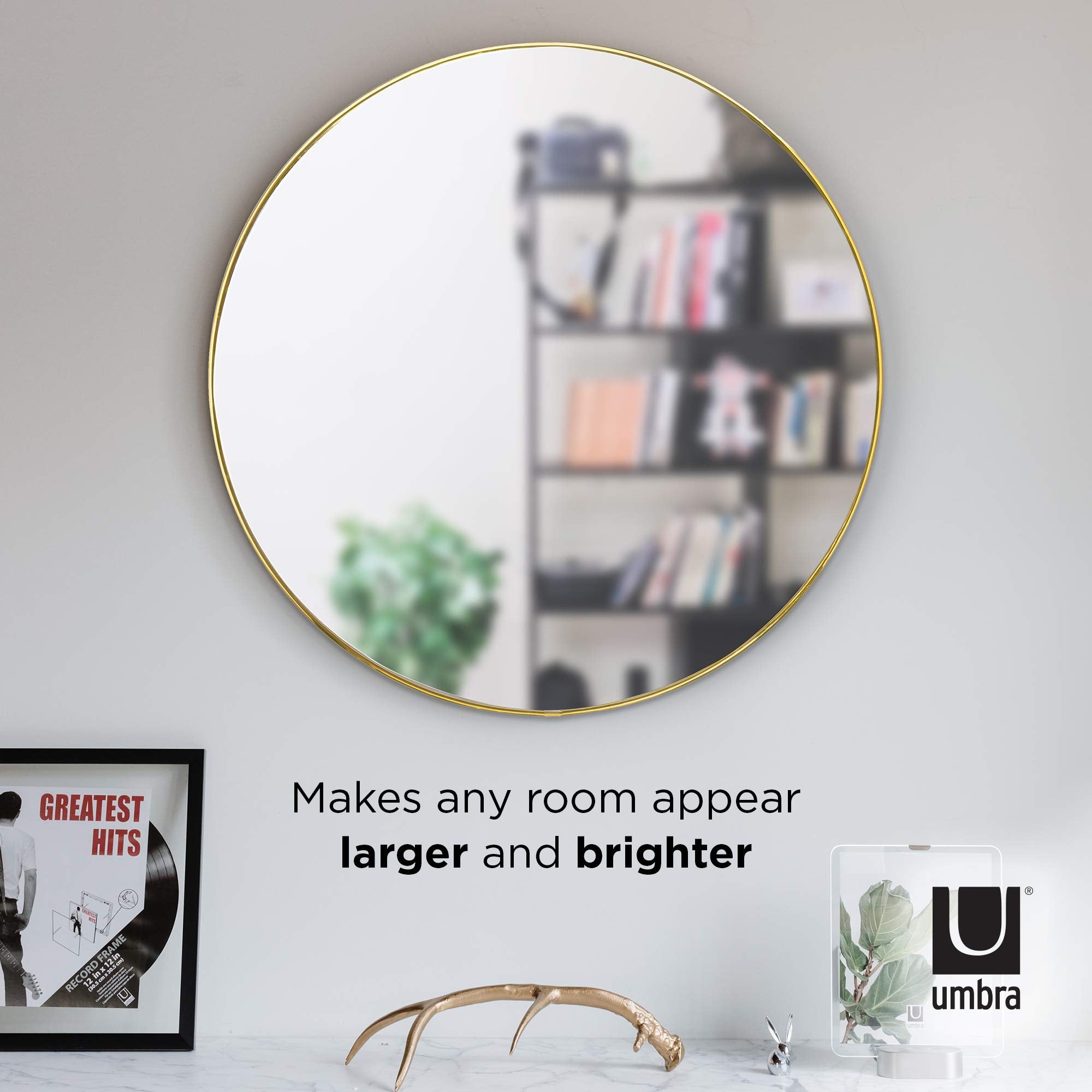 Umbra, Brass Hubba 18” Round Wall Mirror with Rubber Frame, Modern Decor for Entryways, Bathrooms, Living Rooms